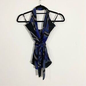 Elie Tahari Black Blue V-Neck Geometric Print Tie Waist Halter Top